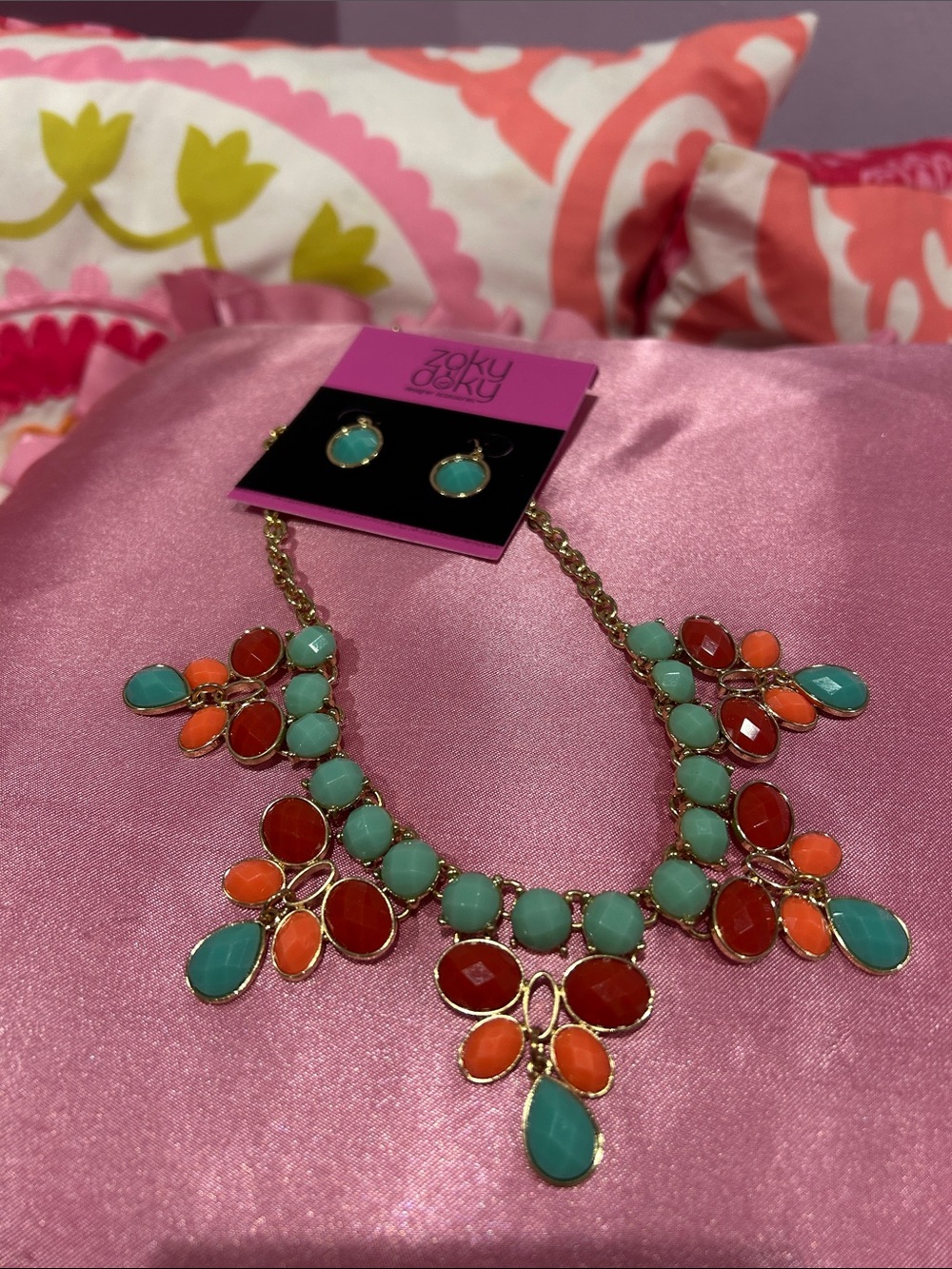 Mint , Coral and Red Statement Necklace and Earring Set -NWT